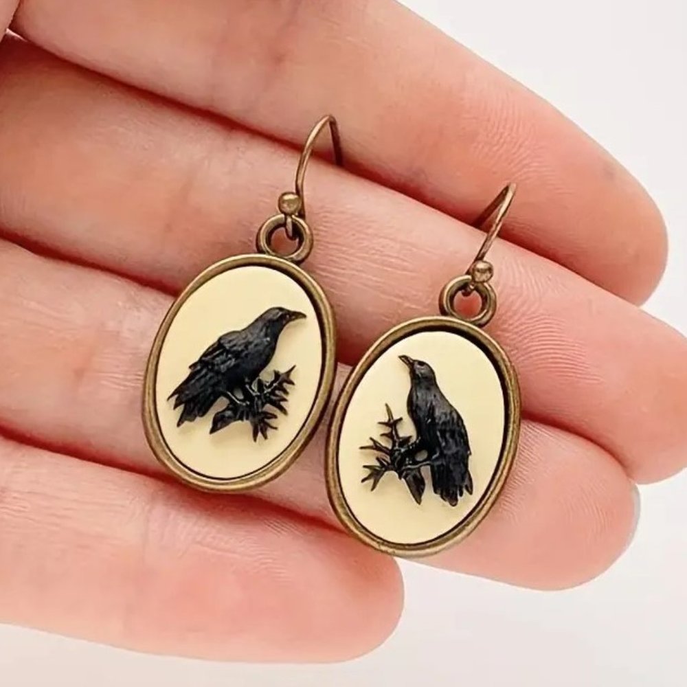 Baroque Halloween Retro Goth Black Raven Cameo Earrings NEW
